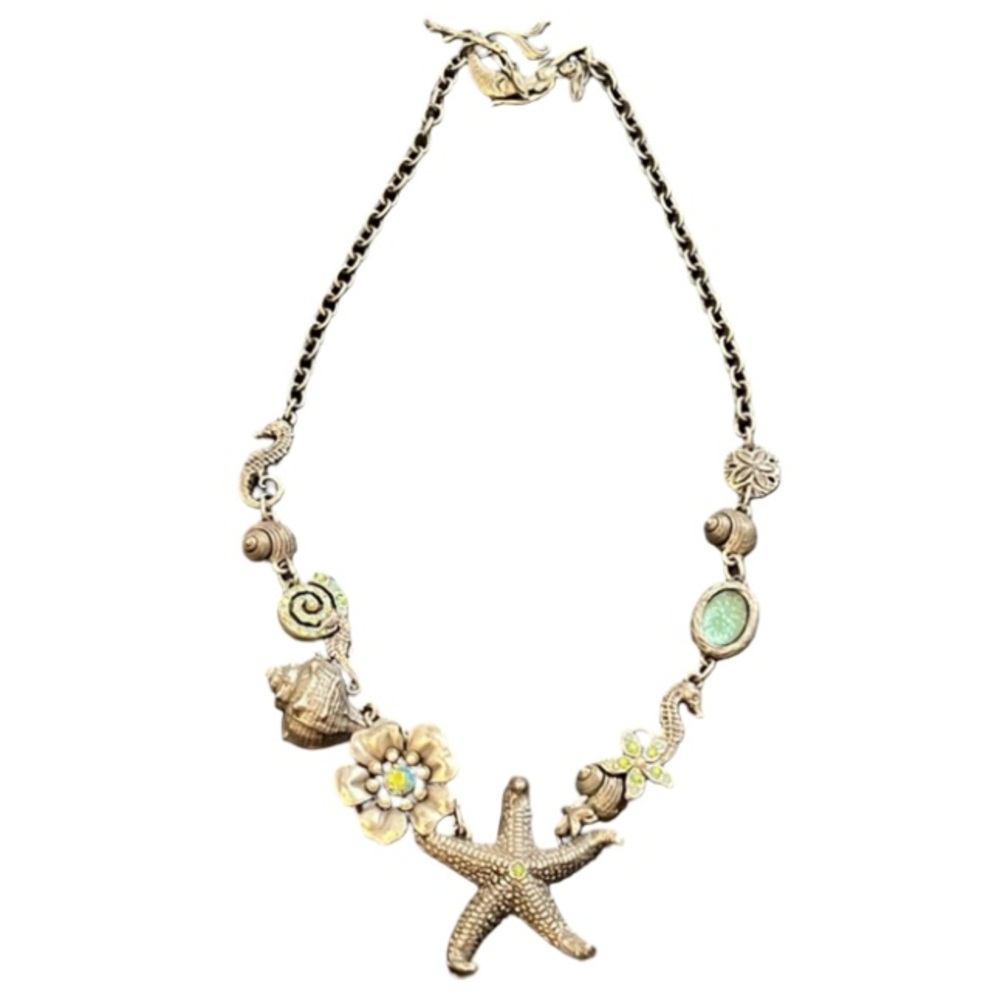 La Contessa Mary Demarco Silver Pewter Mermaid Shell Necklace with Crystals